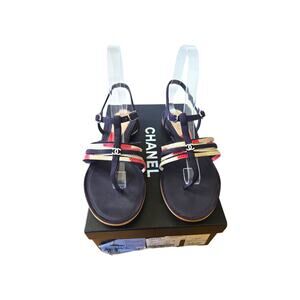 Chanel Interlocking CC Pearl Logo 2011 Dark Navy Blue Gladiator Sandals 37.5